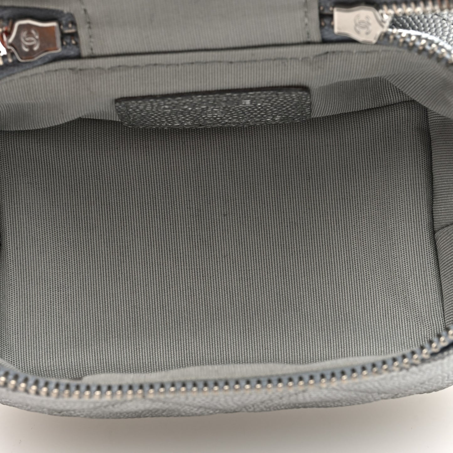 Metallic Caviar Quilted Mini Top Handle Vanity With Chain Silver