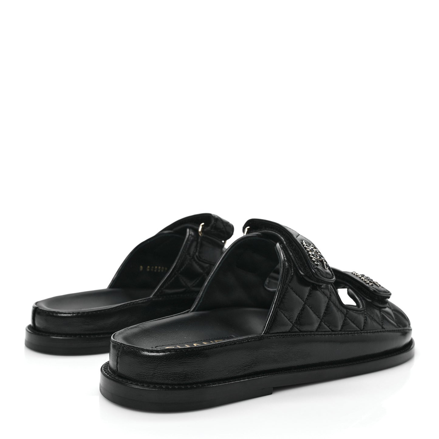 Lambskin Quilted Velcro Dad Chain CC Slide Sandals 40 Black