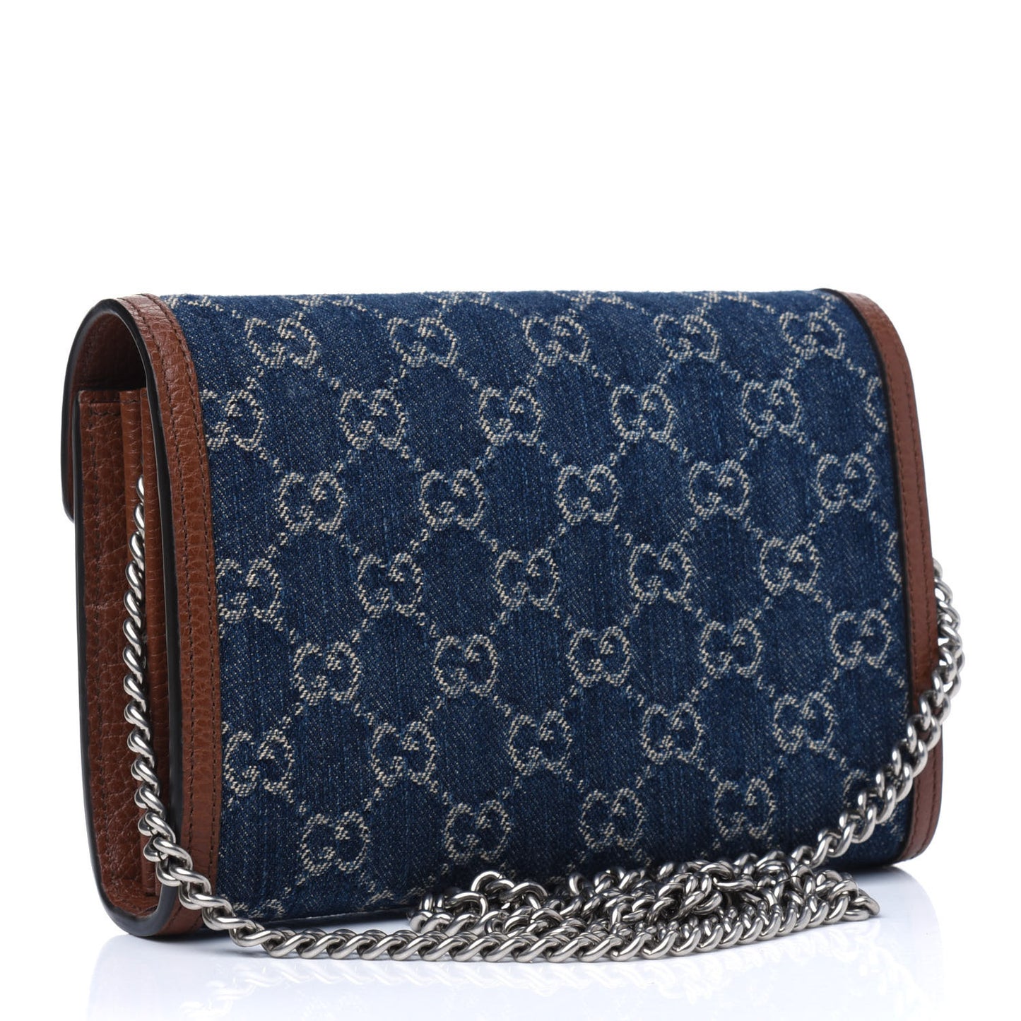 New Denim GG Monogram Dollar Calfskin Enamel Mini Dionysus Chain Wallet Blue Tea Cuir Epilog Electric Blue