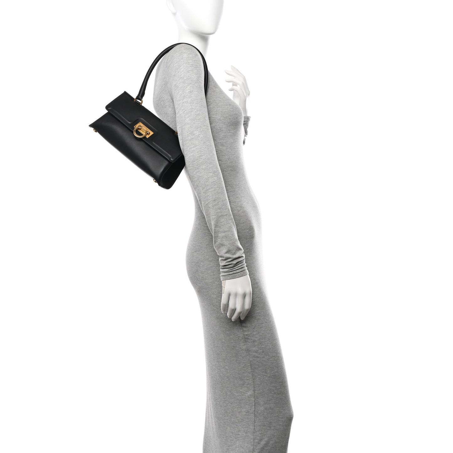 Calfskin Trifolio Swing Top Handle Bag Black