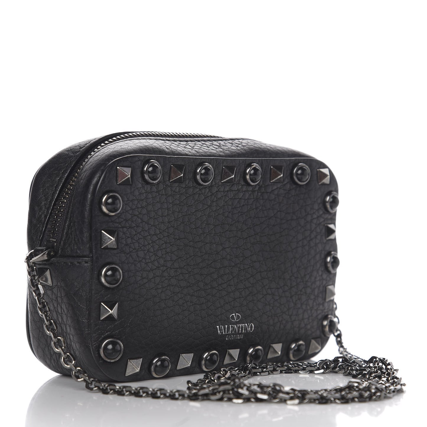Calfskin Small Rockstud Rolling Chain Camera Crossbody Bag Black