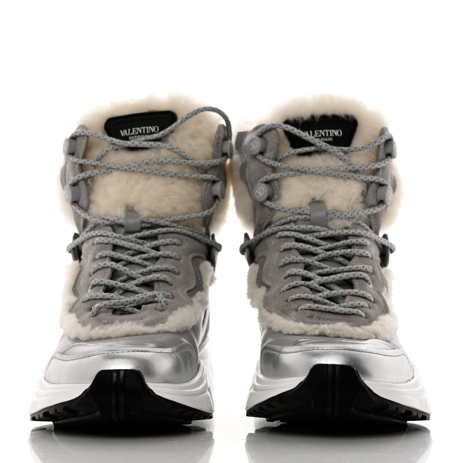 Valentino Garavani Metallic Calfskin Suede Shearling Shegoes High Top Sneakers 38 Argento 2 of 9