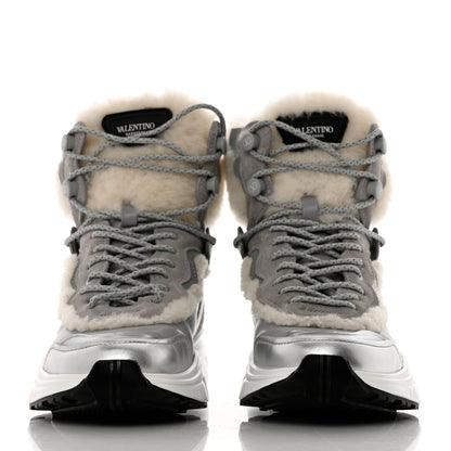 Valentino Garavani Metallic Calfskin Suede Shearling Shegoes High Top Sneakers 38 Argento 2 of 9