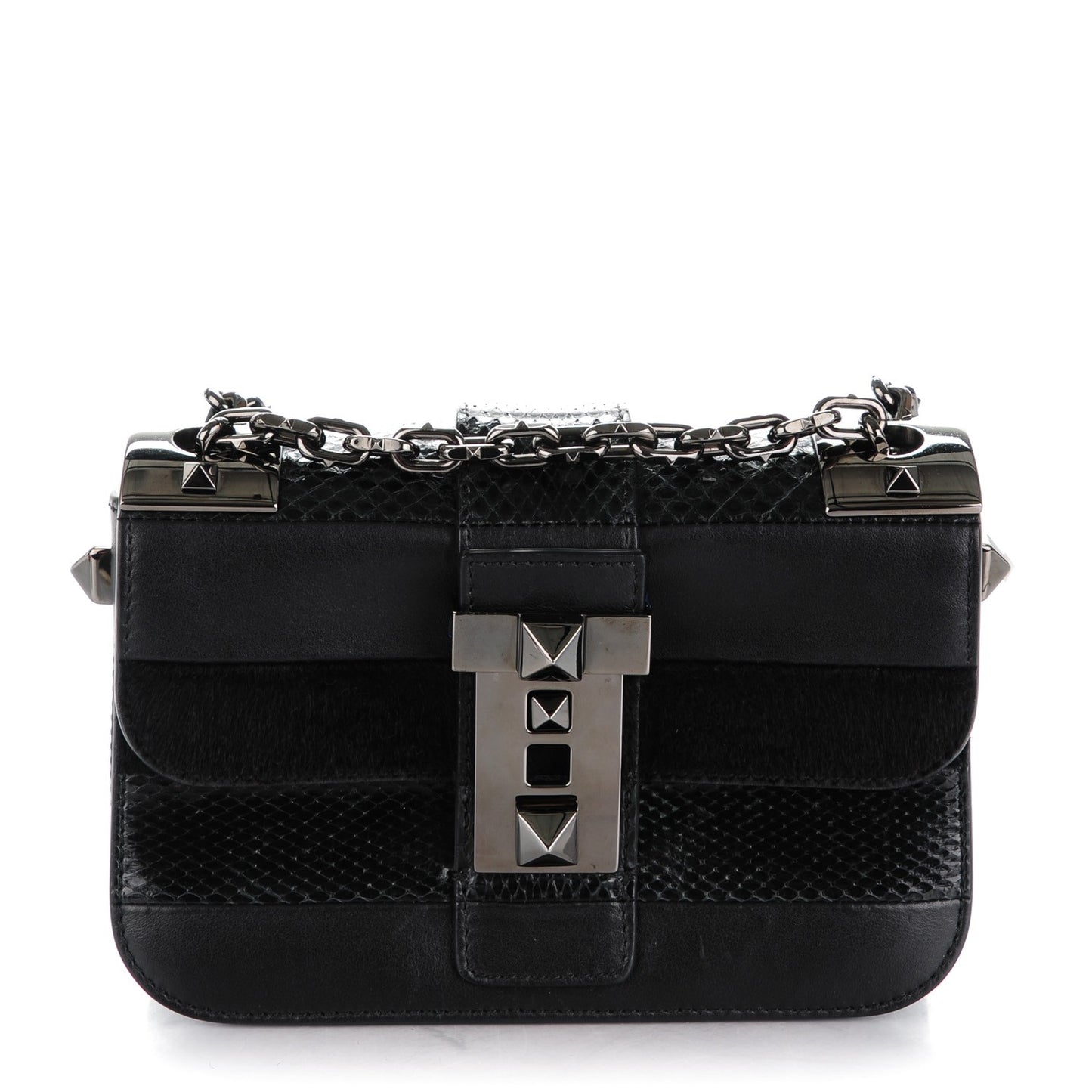 Snakeskin Embossed Vitello Calf Hair B-Rockstud Flap Black