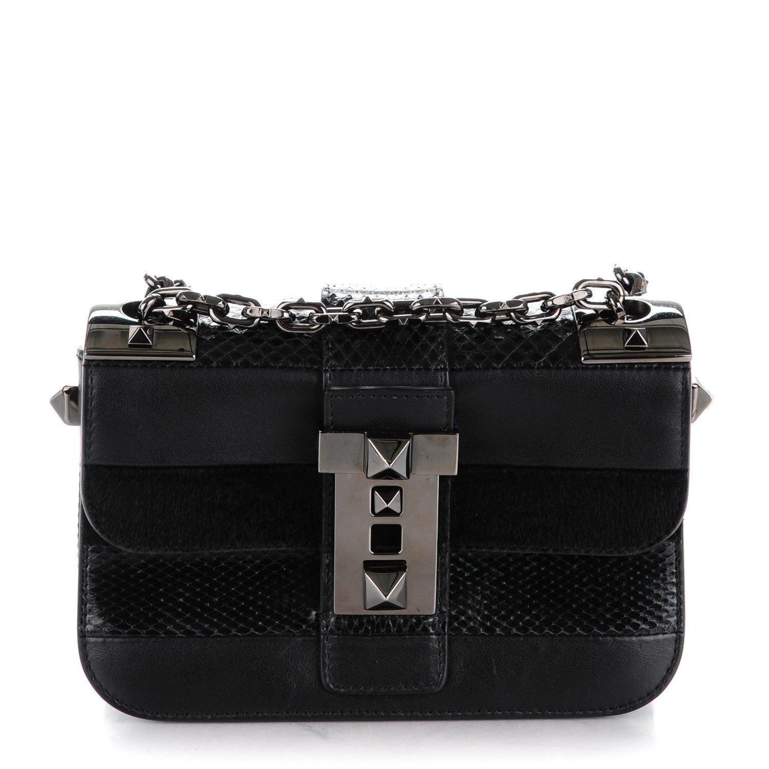 Valentino Garavani Snakeskin Embossed Vitello Calf Hair B-Rockstud Flap Black 1 of 8