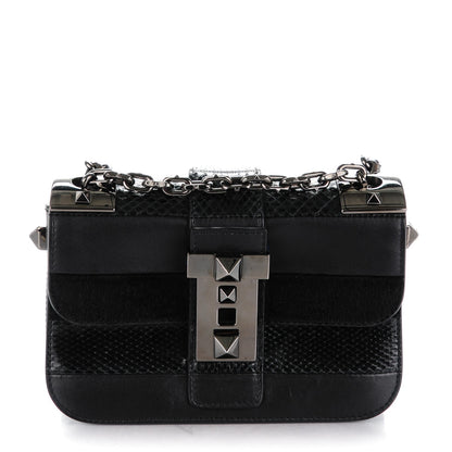 Valentino Garavani Snakeskin Embossed Vitello Calf Hair B-Rockstud Flap Black 1 of 8