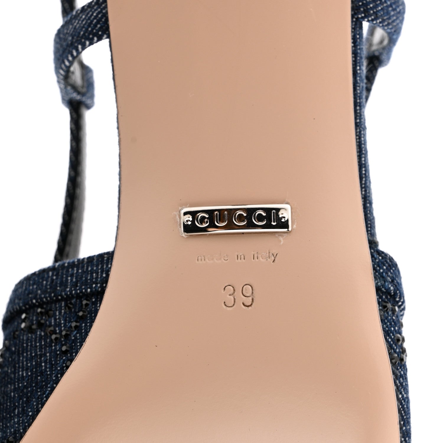 Gucci Denim GG Monogram Malaga Kid Crystal Square G 35mm Slingback Pumps 39 Blue 7 of 10