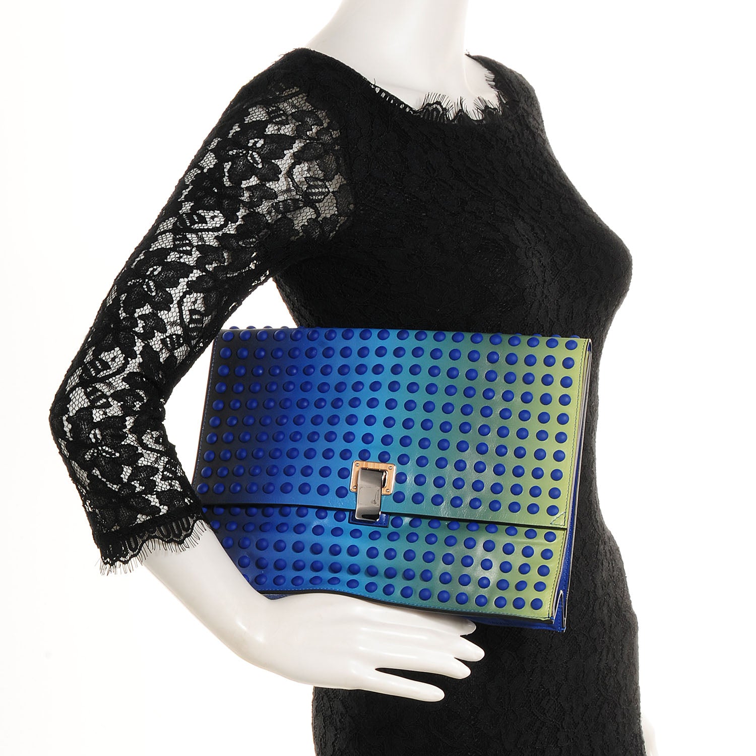 Proenza Schouler Leather Studded Large Ombre Lunch Bag Clutch Blue Green 2 of 8