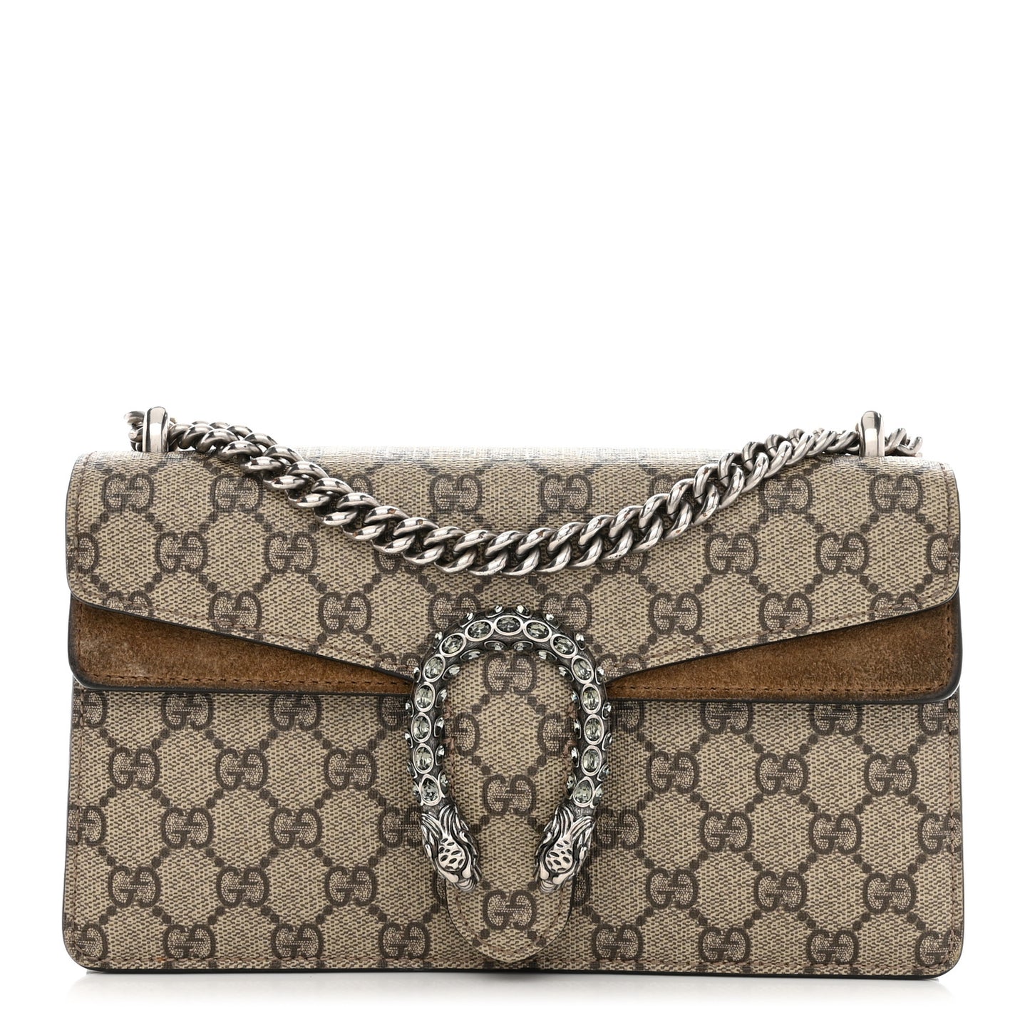 GG Supreme Monogram Suede Crystal Small Dionysus Shoulder Bag Beige Ebony Taupe