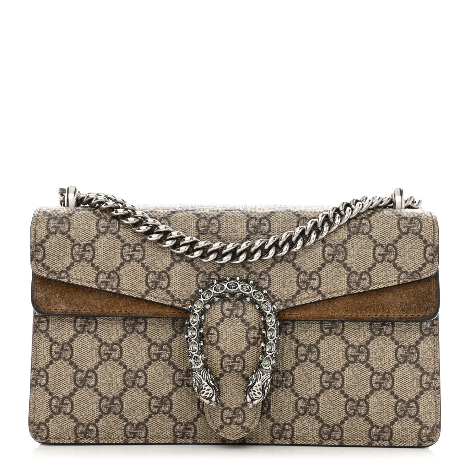 Gucci GG Supreme Monogram Suede Crystal Small Dionysus Shoulder Bag Beige Ebony Taupe 1 of 12