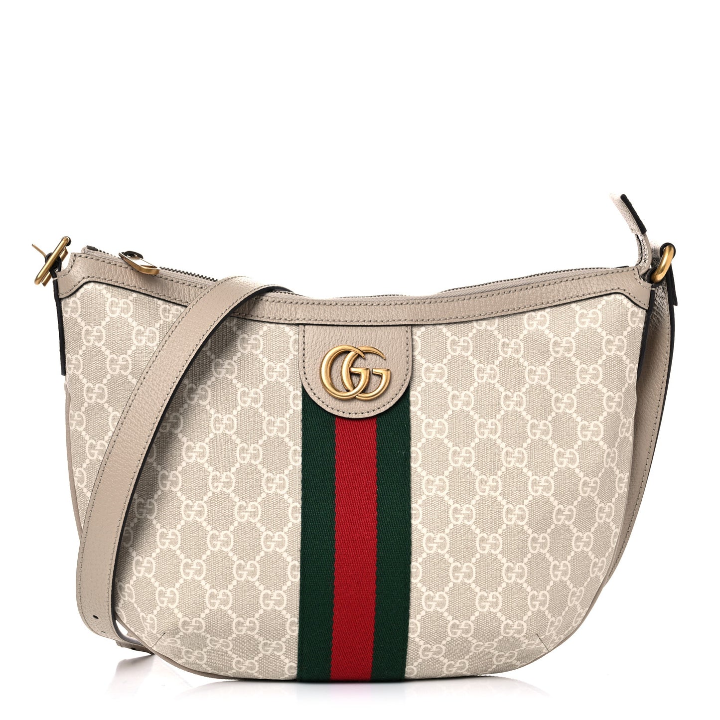 GG Supreme Monogram Textured Dollar Calfskin Web Small Ophidia Half Moon Hobo Beige Mystic White Oatmeal