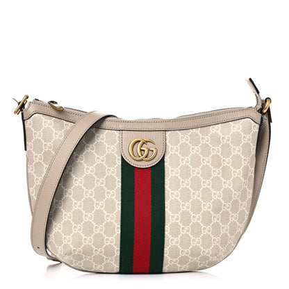 Gucci GG Supreme Monogram Textured Dollar Calfskin Web Small Ophidia Half Moon Hobo Beige Mystic White Oatmeal 1 of 13