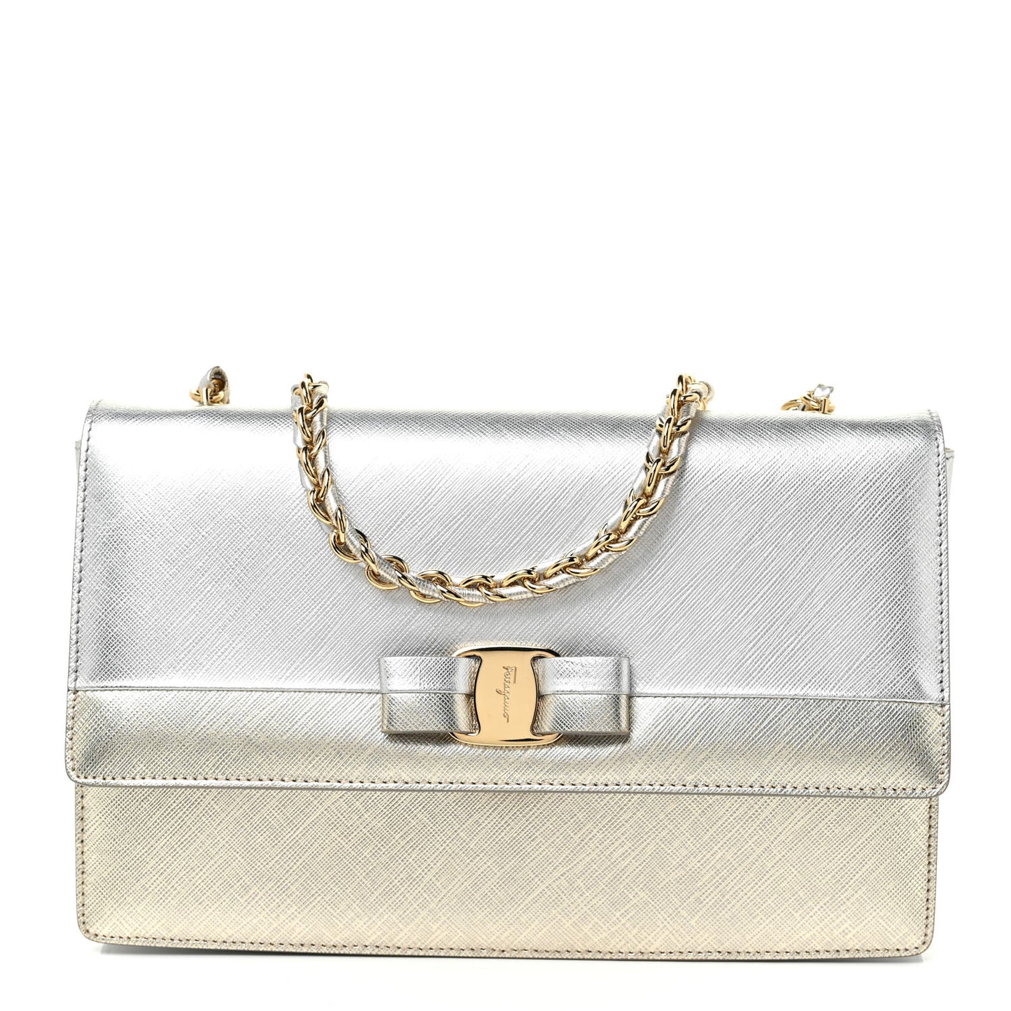 Metallic Hammered Calfskin Vara Bow Chain Flap Crossbody Silver Gold