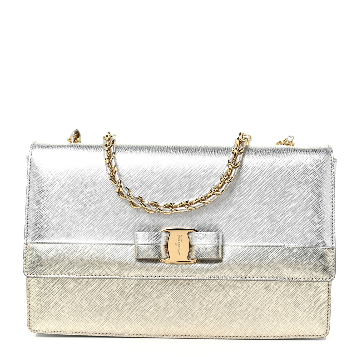 Salvatore Ferragamo Metallic Hammered Calfskin Vara Bow Chain Flap Crossbody Silver Gold 1 of 23
