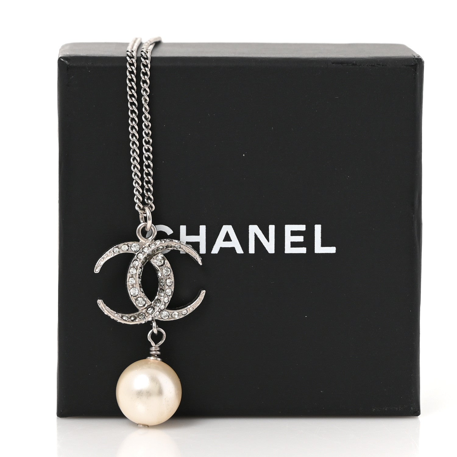 Chanel Crystal CC Pearl Drop Necklace Silver 5 of 5