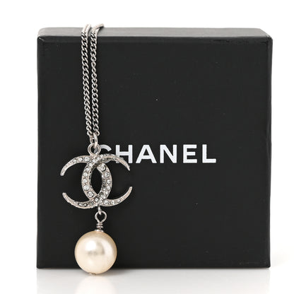 Chanel Crystal CC Pearl Drop Necklace Silver 5 of 5