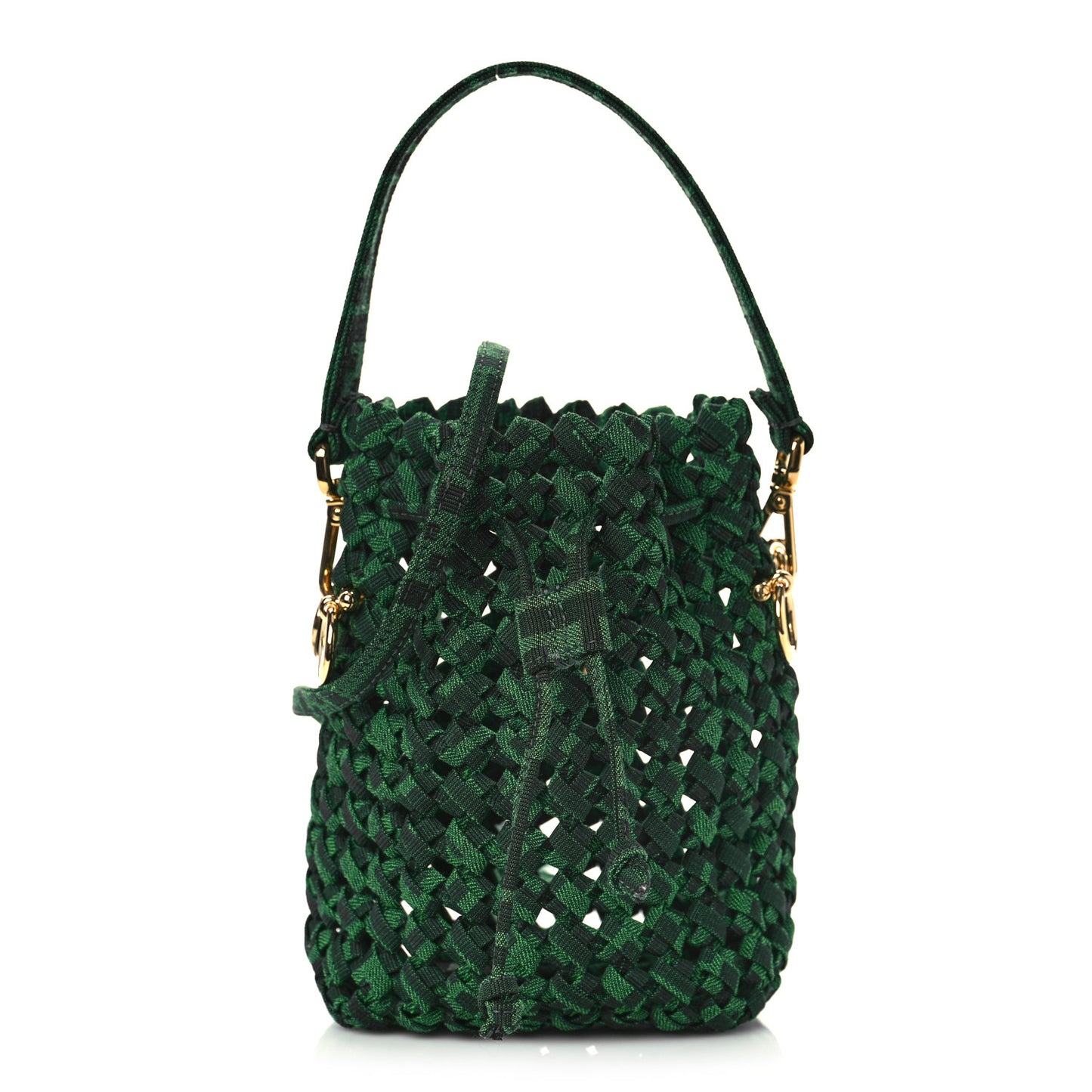 Fabric Jacquard F is Fendi FF 1974 Woven Knotted Mini Mon Tresor Bucket Bag Verde Black