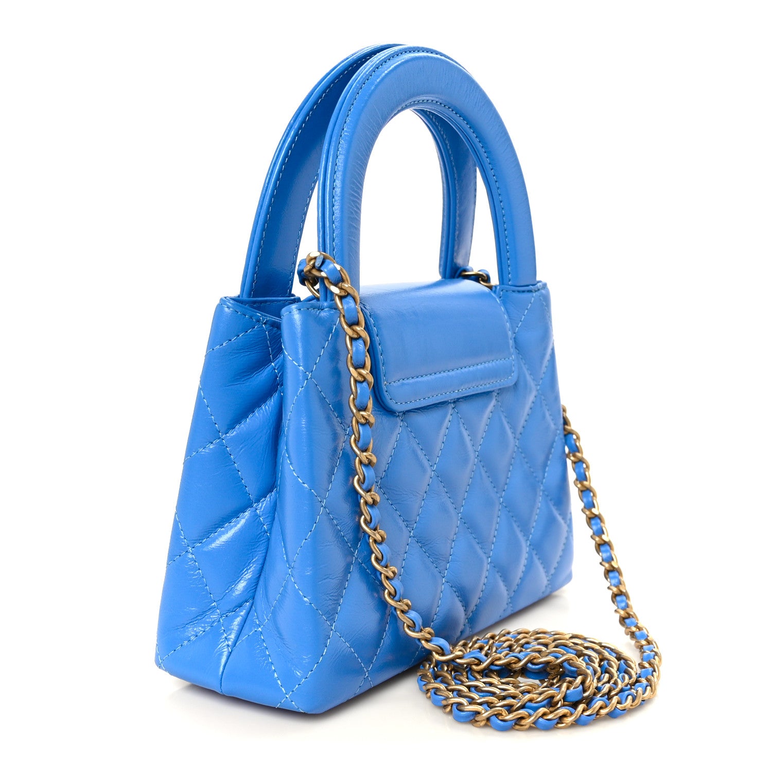 Chanel Shiny Aged Calfskin Quilted Nano Kelly Shopper Blue 2 of 9