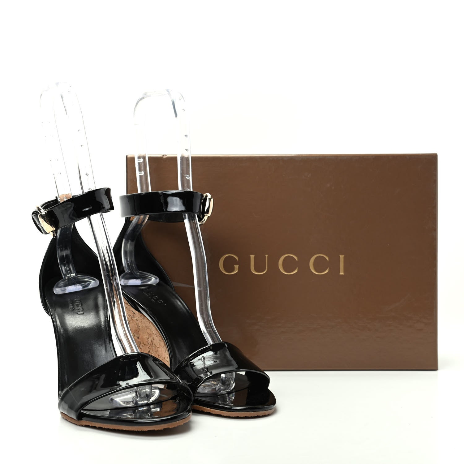 Gucci Vitello Vernice Cork Wedge Sandals 8 Black Naturale 11 of 11