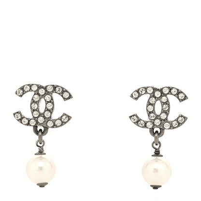 Chanel Crystal Pearl CC Drop Earrings Ruthenium 1 of 4