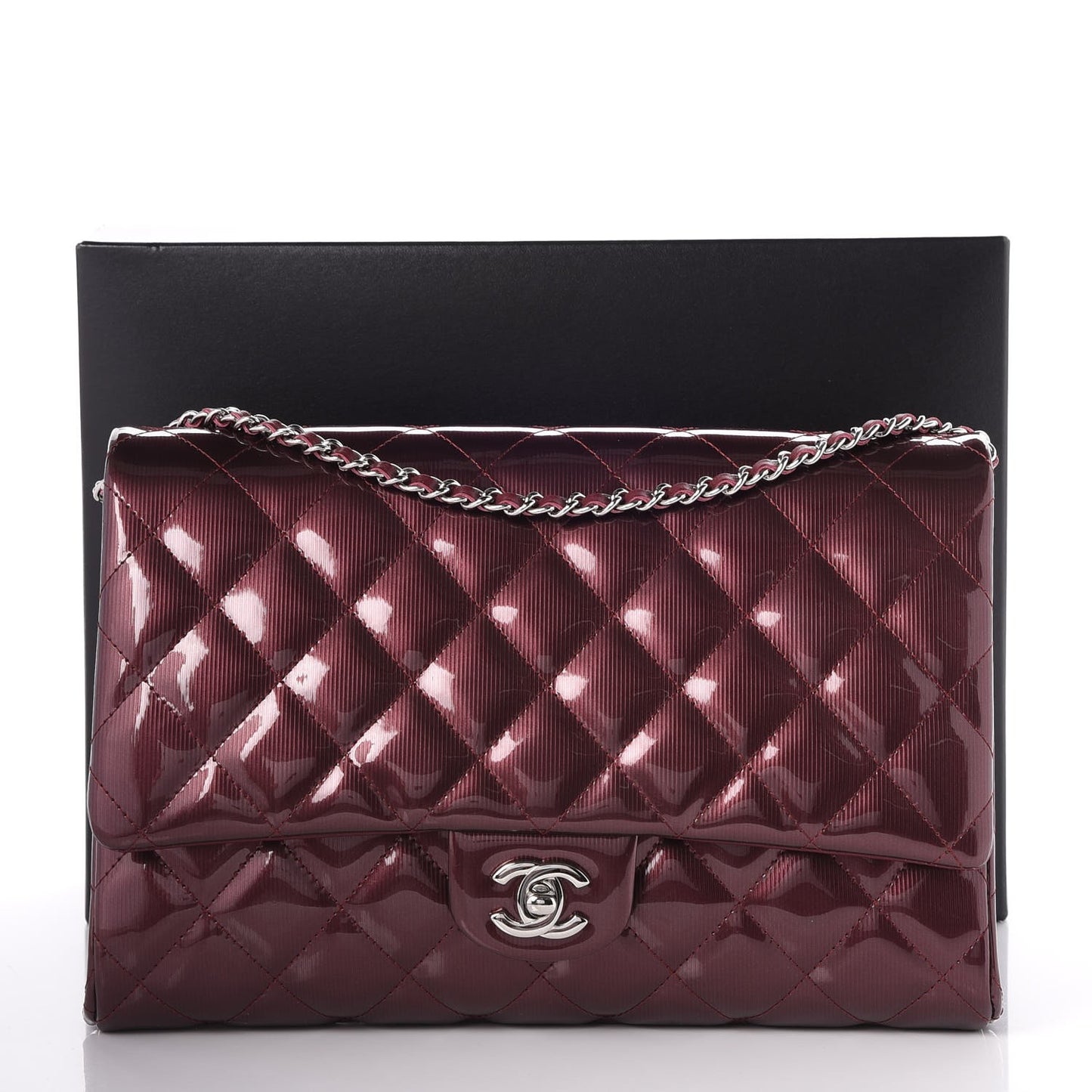 Striated Patent Quilted Clutch With Chain Flap Bordeaux