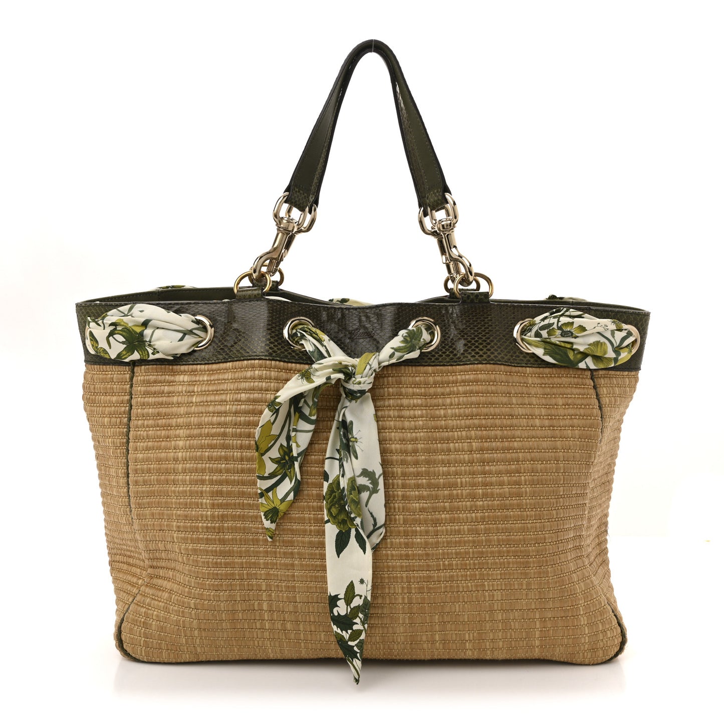 Natural Straw Ayers Snakeskin Large Positano Tote Green