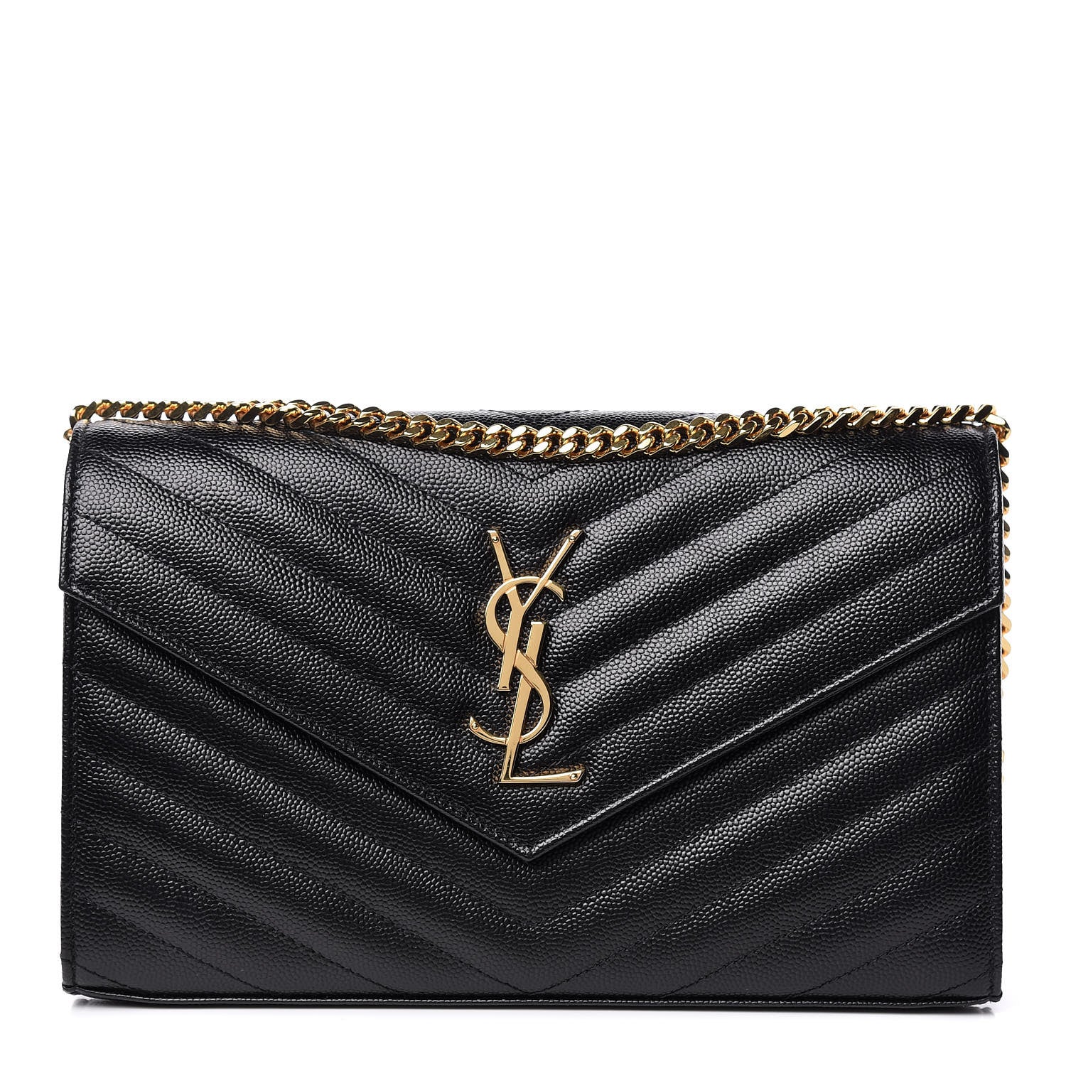 Saint Laurent Grain De Poudre Matelasse Chevron Monogram Chain Wallet Black 1 of 10