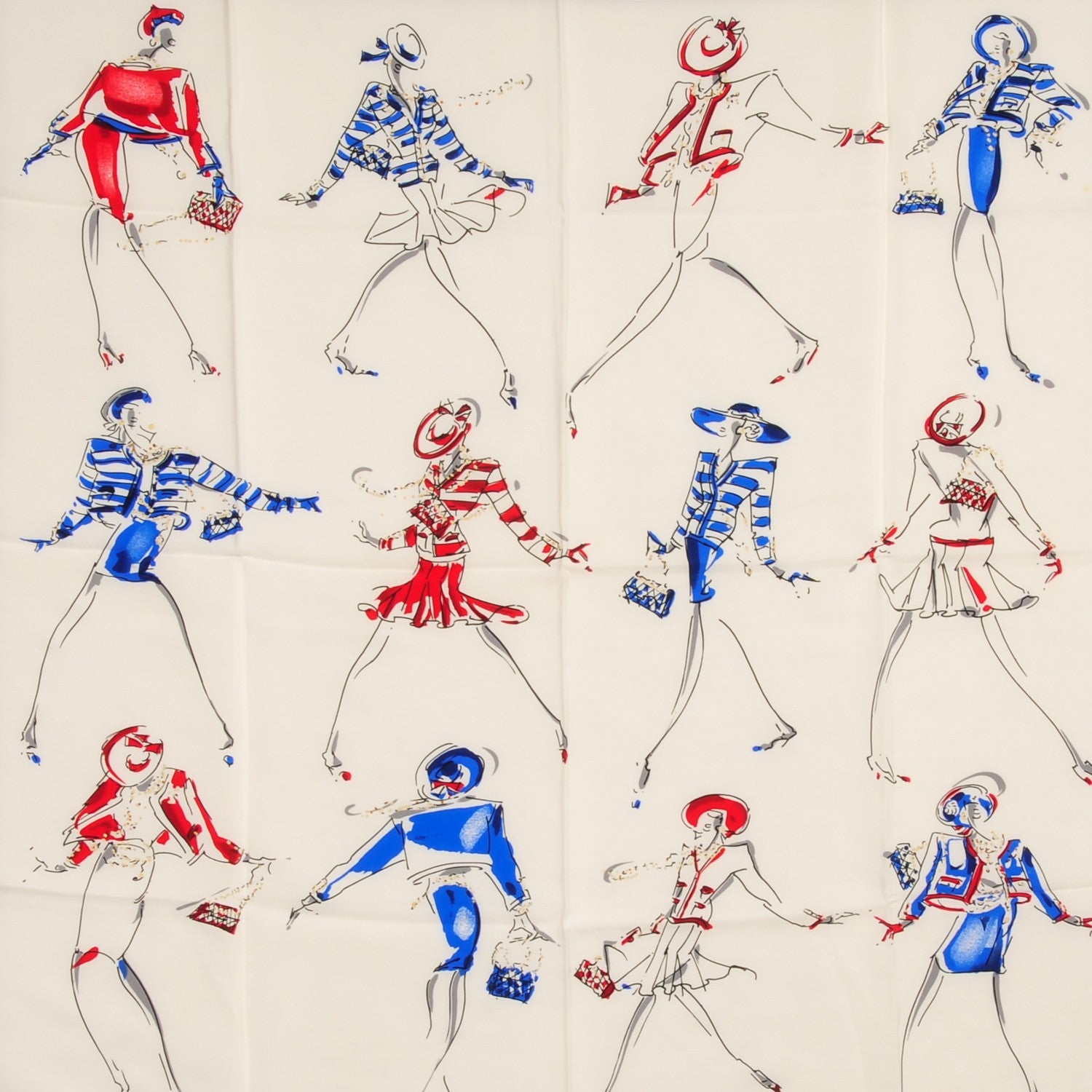 Chanel Silk Fashion Illustration Scarf Blue White 1 of 5