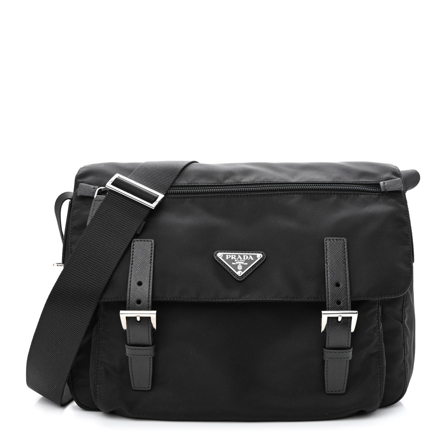 Tessuto Nylon Saffiano Double Buckle Messenger Shoulder Bag Black