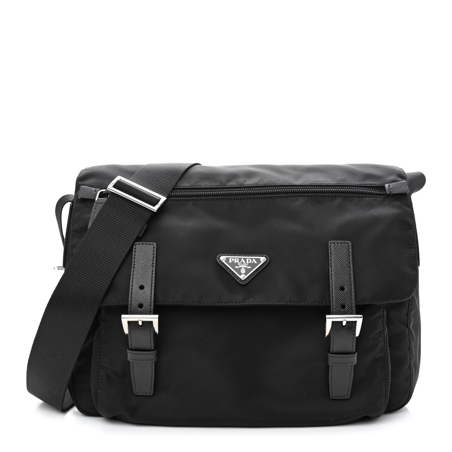 Prada Tessuto Nylon Saffiano Double Buckle Messenger Shoulder Bag Black 1 of 12