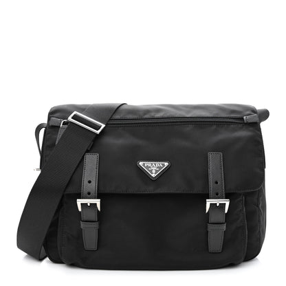 Prada Tessuto Nylon Saffiano Double Buckle Messenger Shoulder Bag Black 1 of 12