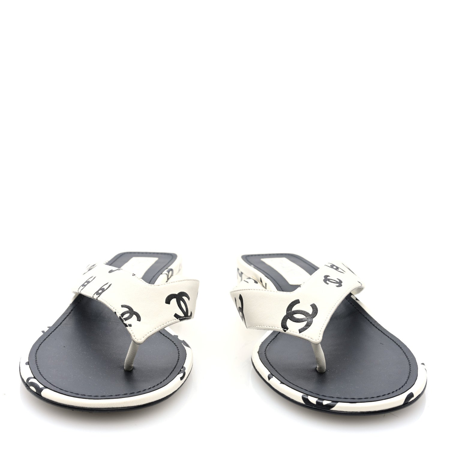 Chanel Lambskin Printed CC Thong Sandals 40 White Black 3 of 9