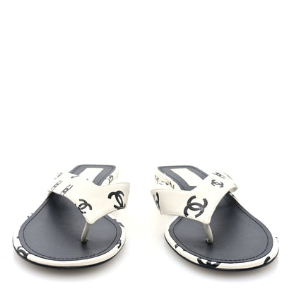 Chanel Lambskin Printed CC Thong Sandals 40 White Black 3 of 9