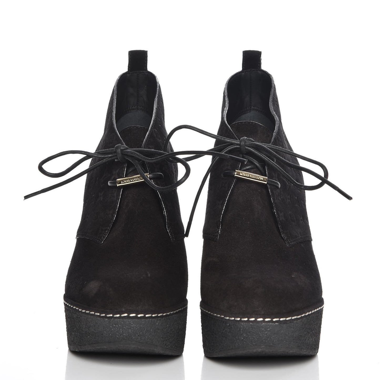 Suede Embossed Monogram Frosty Wedge Low Boots 38 Black