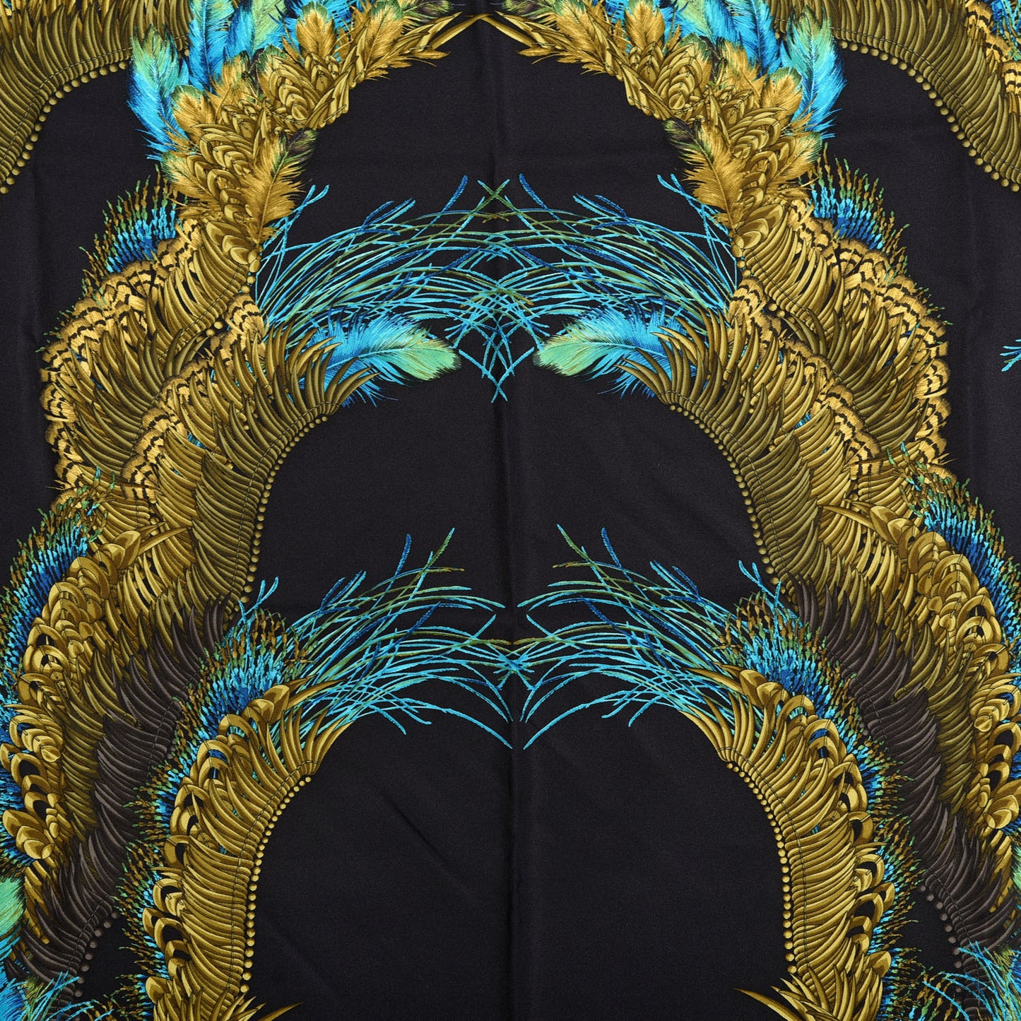 Silk Peacock Feather Printed Square Scarf Black Yellow