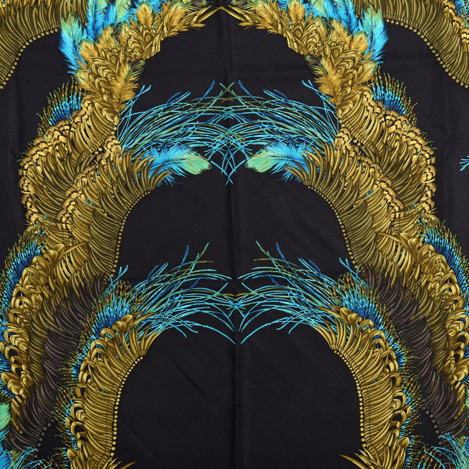 Gucci Silk Peacock Feather Printed Square Scarf Black Yellow 3 of 5