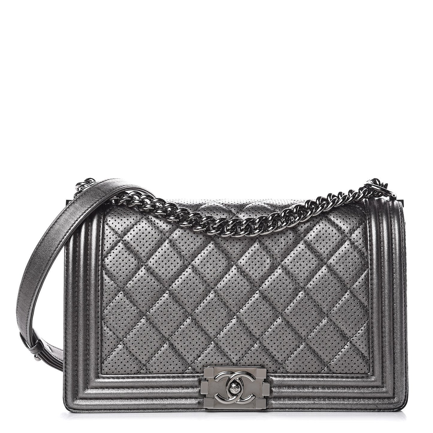 Metallic Lambskin Perforated New Medium Boy Flap Dark Silver
