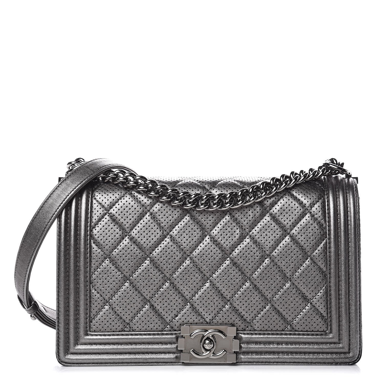 Chanel Metallic Lambskin Perforated New Medium Boy Flap Dark Silver 1 of 12