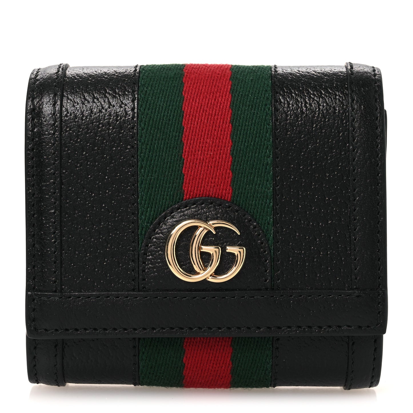Textured Dollar Calfskin Web Ophidia Card Case Wallet Black