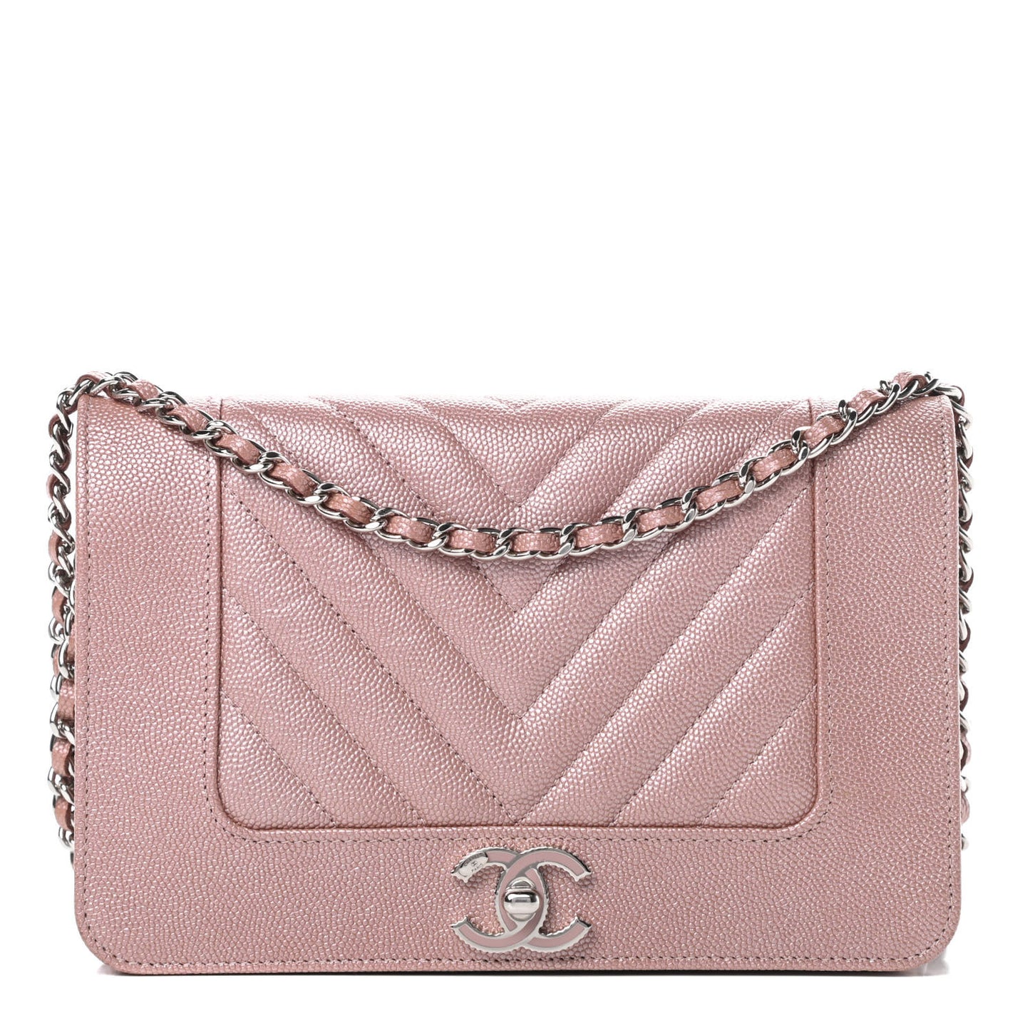 Metallic Caviar Chevron Quilted Vintage Mademoiselle Wallet On Chain WOC Pink