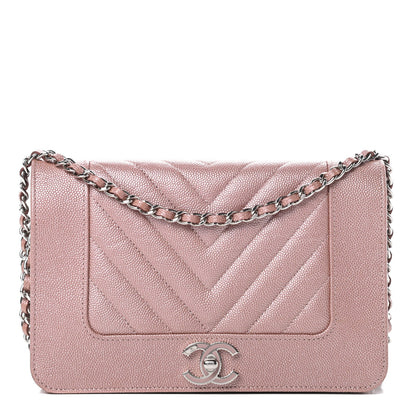 Chanel Metallic Caviar Chevron Quilted Vintage Mademoiselle Wallet On Chain WOC Pink 1 of 12