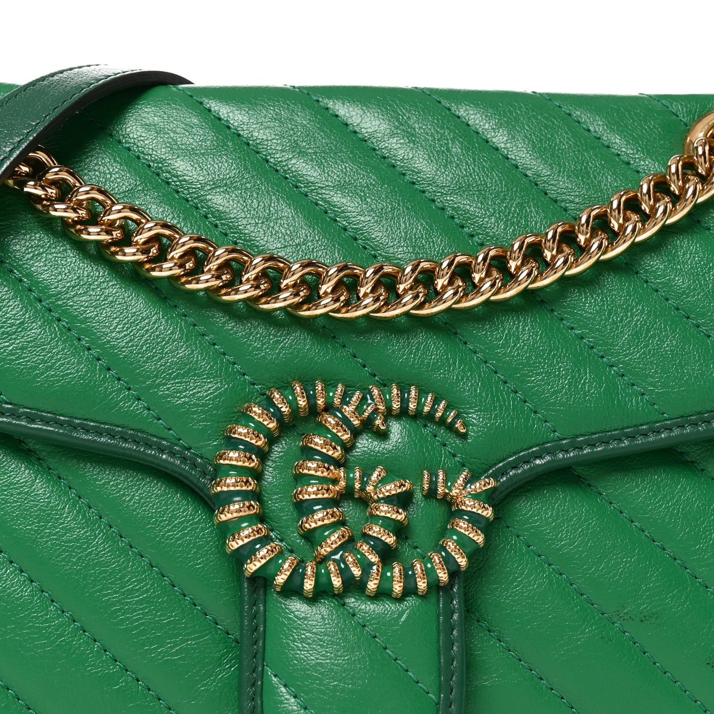 Azalea Calfskin Enamel Matelasse Diagonal Small Torchon GG Marmont Shoulder Bag New Shamarock Emerald