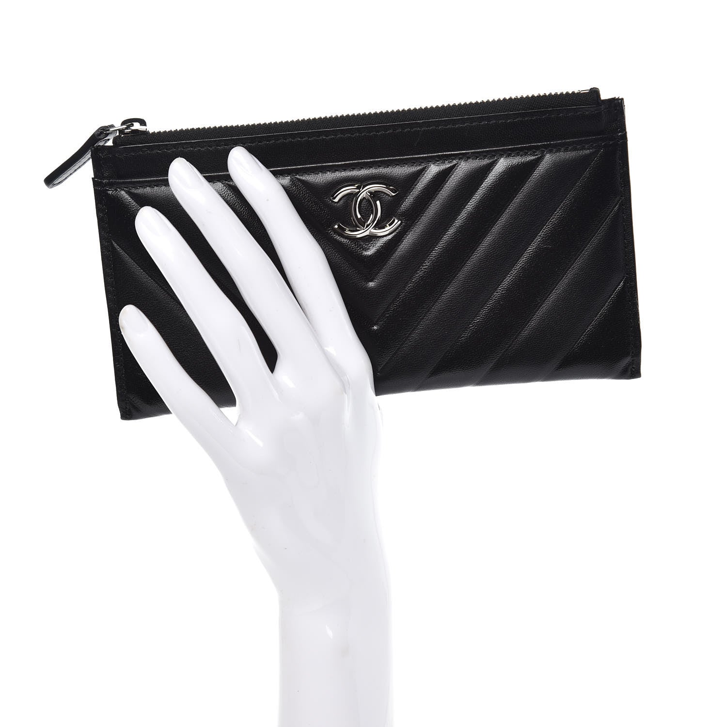 Chanel Lambskin Chevron Quilted Classic Zip Pouch Black 2 of 9