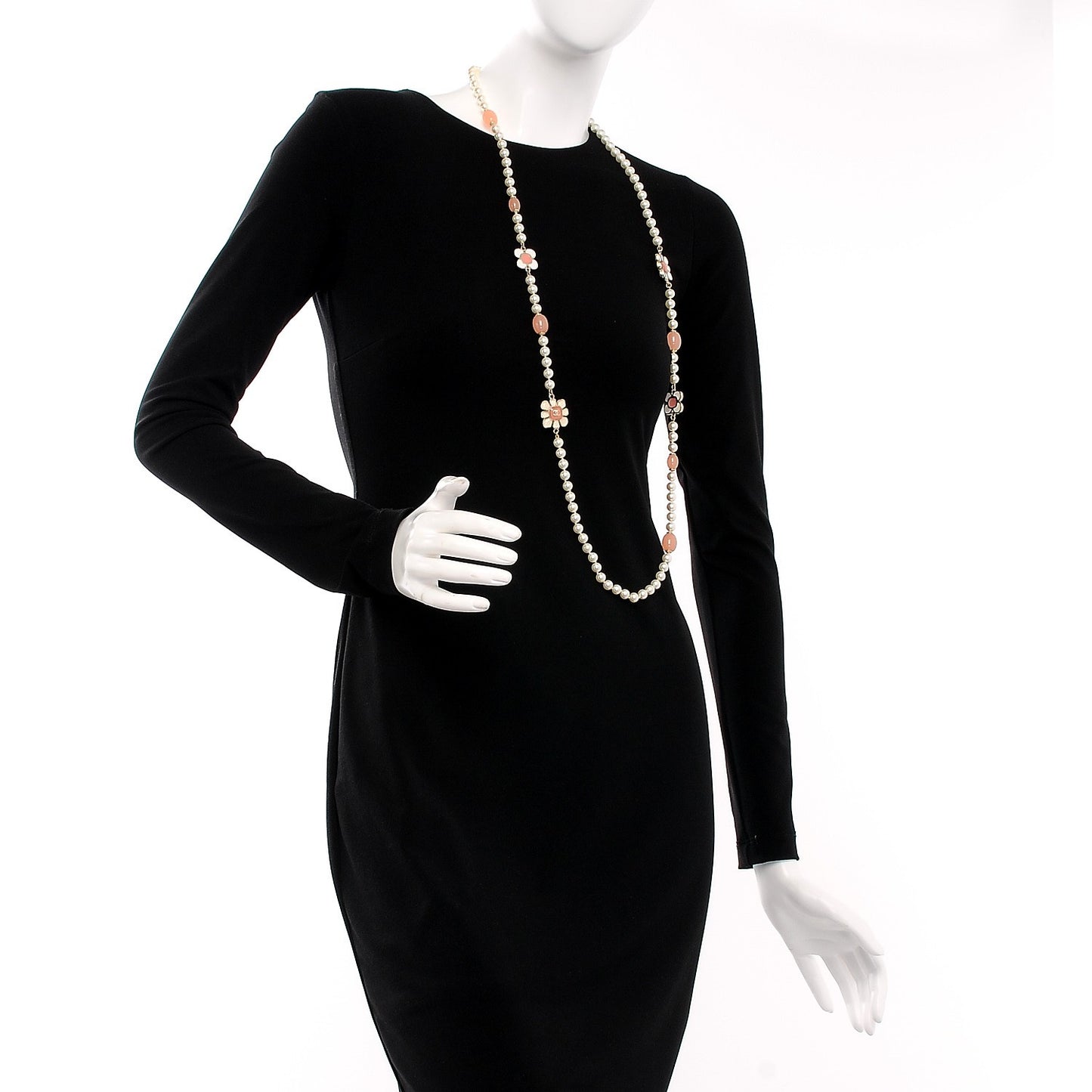 Pearl Gripoix Poured Glass CC Korean Blossom Long Necklace Pink Gold