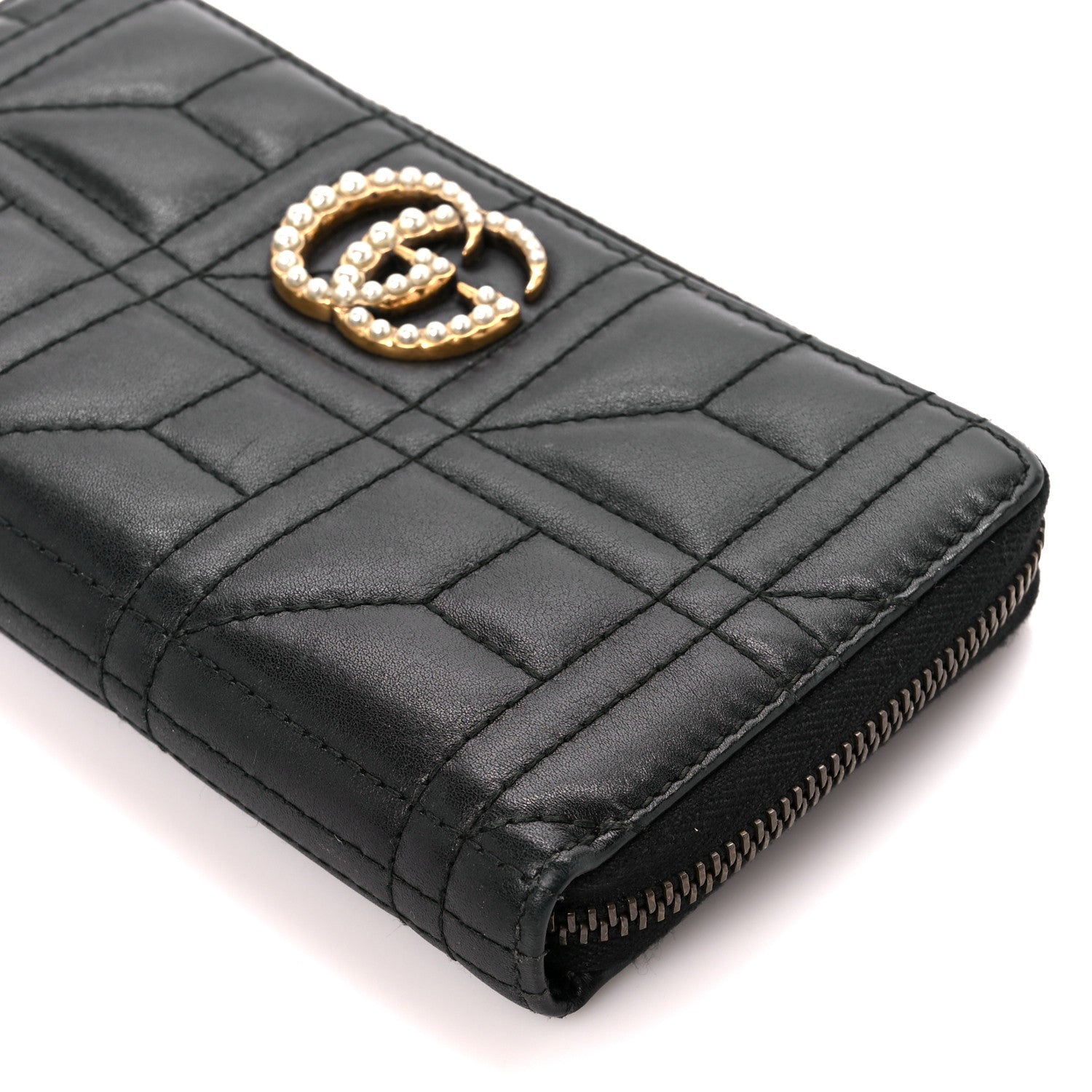 Gucci Calfskin Matelasse Pearly GG Marmont Zip Around Wallet Black 10 of 10