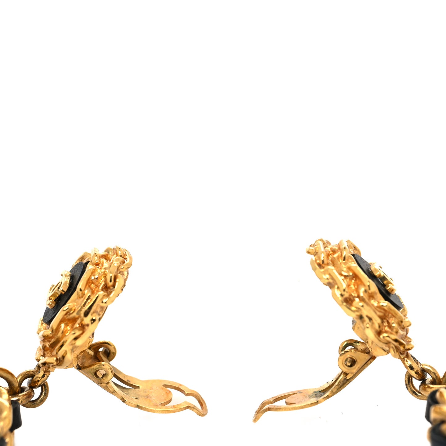 Lambskin Pearl CC Chain Dangle Clip On Earrings Gold Black