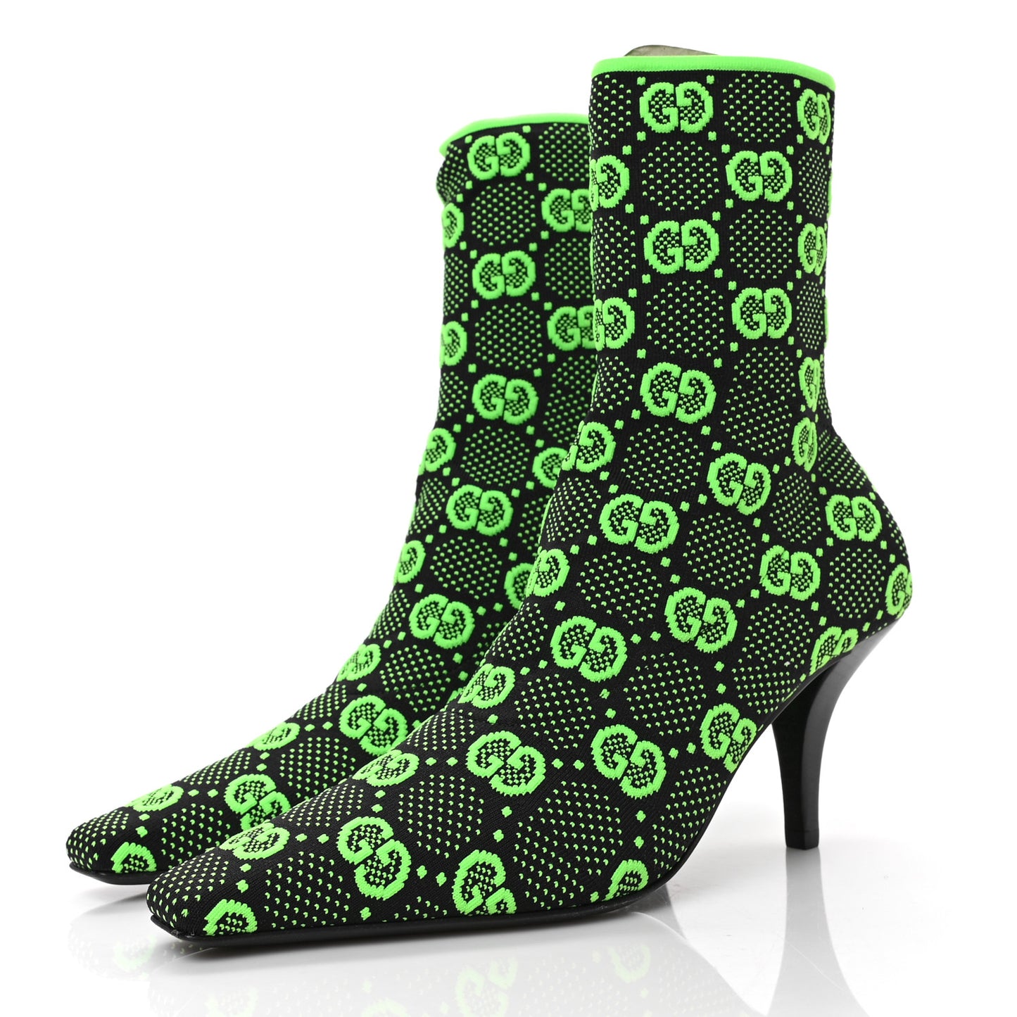 Technical Jersey Knit GG Monogram Square G 75mm Ankle Boots 37 Black Neon Green