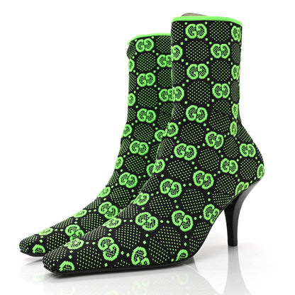 Gucci Technical Jersey Knit GG Monogram Square G 75mm Ankle Boots 37 Black Neon Green 3 of 7
