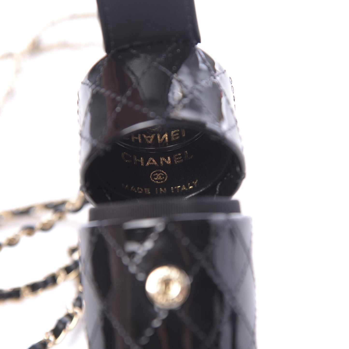 Patent Calfskin Lipstick Case On Chain Black