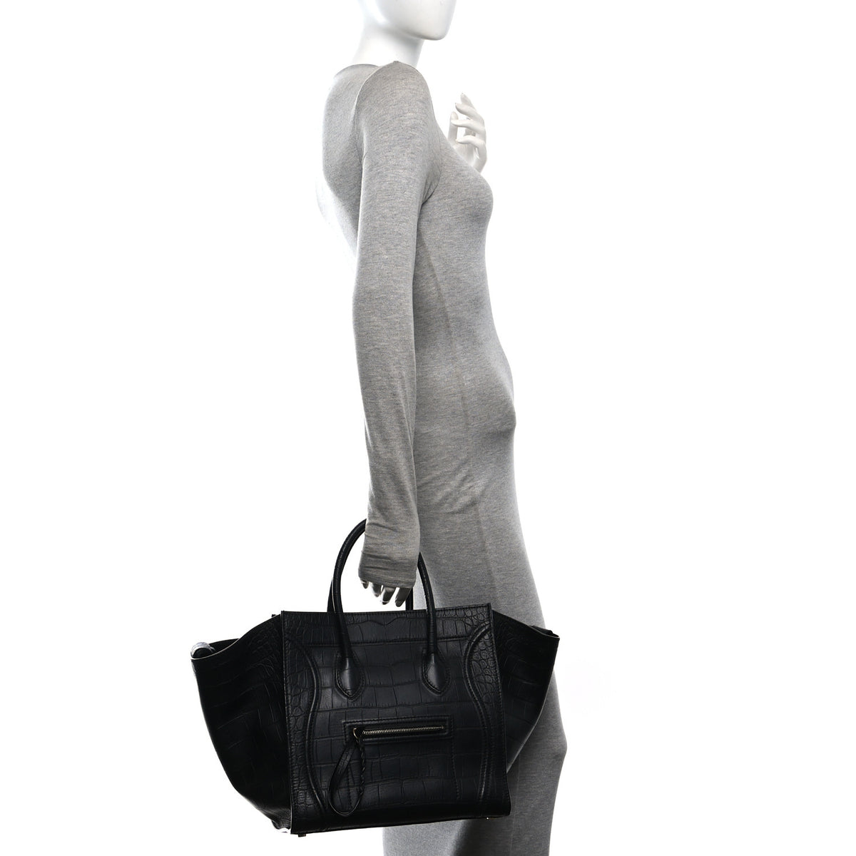 Celine Crocodile Embossed Calfskin Medium Phantom Luggage Black 2 of 10